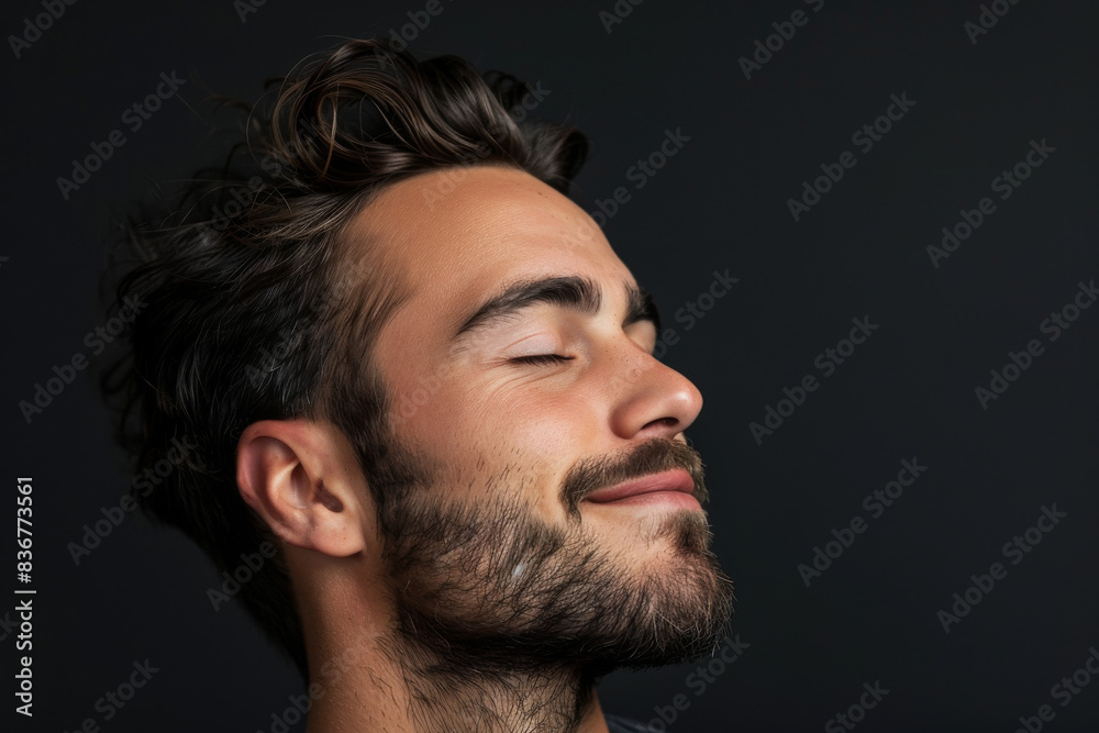 Fototapeta premium A close up of a man with beard and closed eyes looking to a side