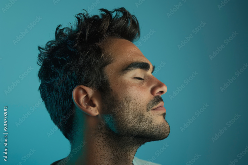 Fototapeta premium A close up of a man with beard and closed eyes looking to a side