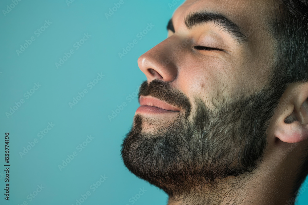 A close up of a man with beard and closed eyes looking to a side A close up of a man with beard and closed eyes looking to a side
