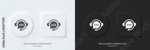 A set of black and white round buttons with chatbot symbols. Chatbot vector icon in trendy neumorphic style. 3D Neumorphism design style for Apps, Websites, Interfaces and mobile app menu.