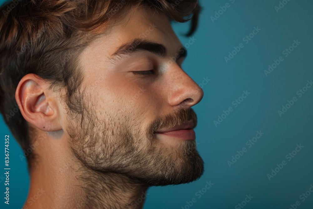 Obraz premium A close up of a man with beard and closed eyes looking to a side