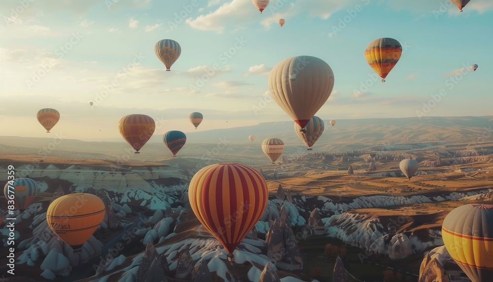 Obraz premium Up, Up, and Away: Stunning Aerial Views of Hot Air Balloons in Cappadocia on GOREMETURKEY - Septembe