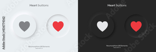 A set of black and white round buttons with heart symbols. Heart vector icon in trendy neumorphic style. 3D Neumorphism design style for Apps, Websites, Interfaces and mobile app menu.