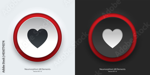 A set of black and white round buttons with heart symbols. Heart vector icon in trendy neumorphic style. 3D Neumorphism design style for Apps, Websites, Interfaces and mobile app menu.