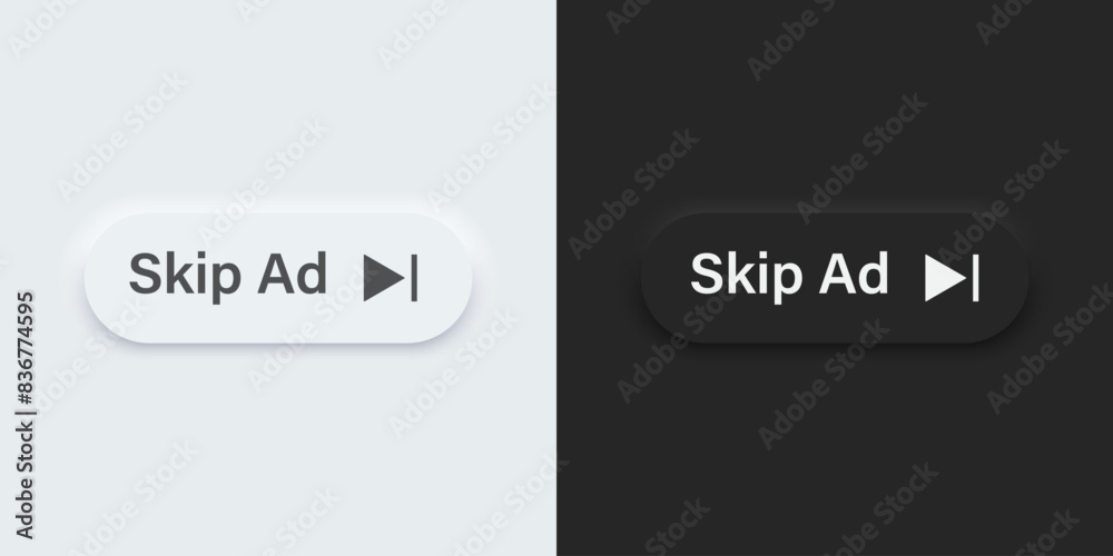 A set of black and white bar buttons with Skip ad symbols. Skip ad vector icon in trendy neumorphic style. 3D Neumorphism design style for Apps, Websites, Interfaces and mobile app menu. A set of black and white bar buttons with Skip ad symbols. Skip ad vector icon in trendy neumorphic style. 3D Neumorphism design style for Apps, Websites, Interfaces and mobile app menu.