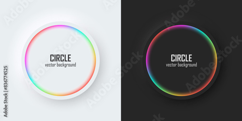 Set of realistic 3d circle, Rainbow illuminate neon lighting, Circles frames on a white and black background in neumorphism style. Elements for design. Top view of podium. EPS10 vector.