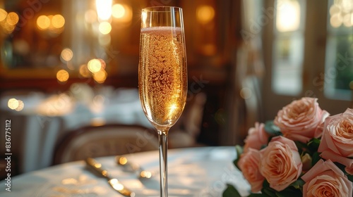 Elegant Champagne Glass, Wine Served in Dining Room Setting, Sophisticated Beverage Presentation 