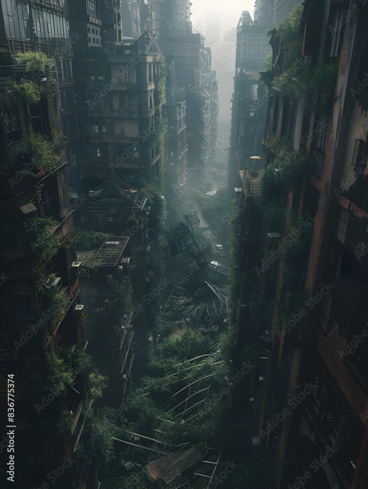Obraz premium Dystopian Rendered Cityscape Crumbling Skyscrapers Overgrown Ruins