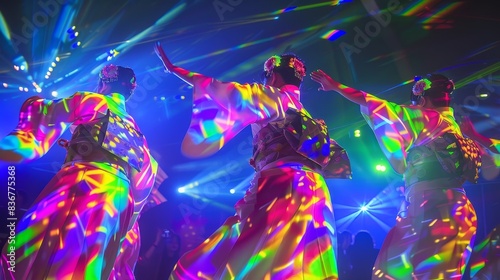 Vibrant dancers in traditional attire move under colorful lights in an energetic and dynamic performance at a lively event.