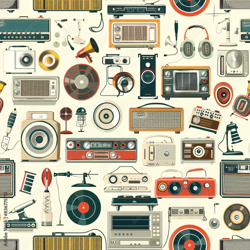 A seamless pattern with a variety of retro electrical appliances including old radios, record players, and vacuum cleaners creating a lively and continuous design A seamless pattern with a variety of retro electrical appliances including old radios, record players, and vacuum cleaners creating a lively and continuous design