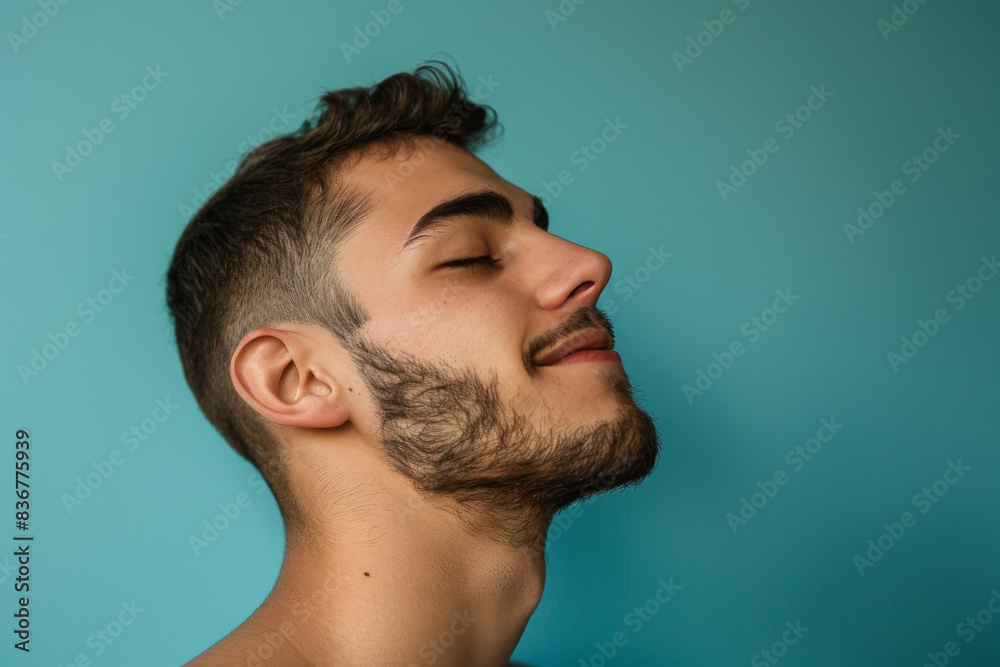 Fototapeta premium A close up of a man with beard and closed eyes looking to a side