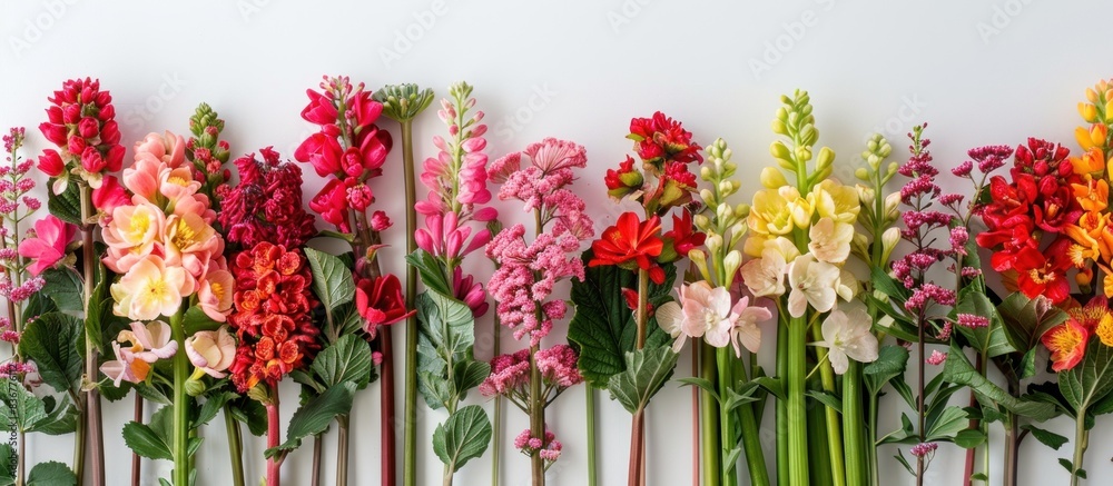 Red and green rhubarb stems combined with colorful flowers, perfectly arranged on a white table Red and green rhubarb stems combined with colorful flowers, perfectly arranged on a white table