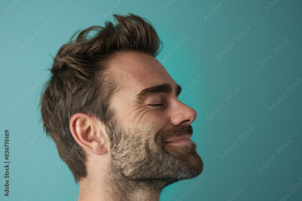 Obraz premium A close up of a man with beard and closed eyes looking to a side