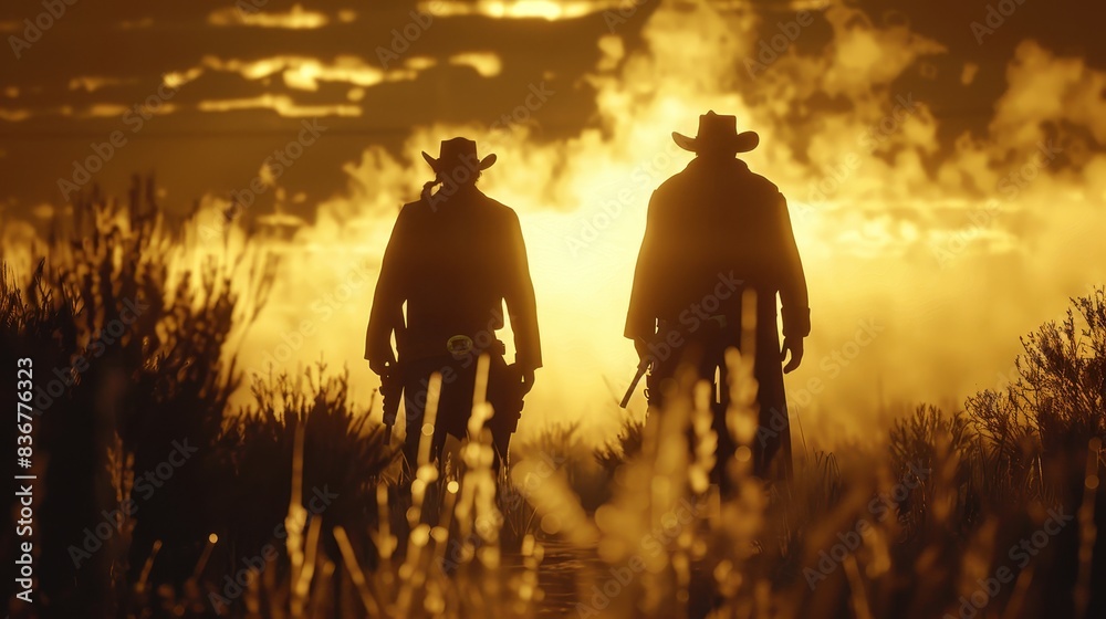 Old west duel between two cowboys in a classic showdown scene. Old west duel between two cowboys in a classic showdown scene.