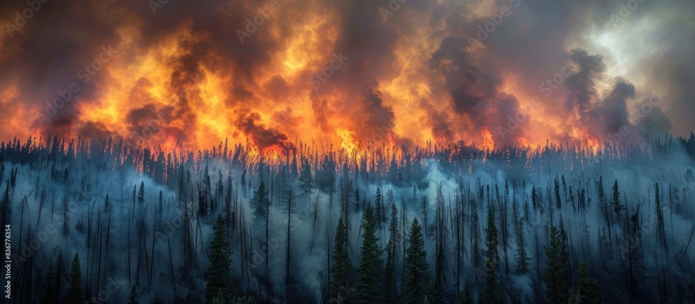 Thick smoke billows from a forest engulfed in flames, with trees ablaze in a massive fire that casts a dark cloud over the scorched landscape Thick smoke billows from a forest engulfed in flames, with trees ablaze in a massive fire that casts a dark cloud over the scorched landscape