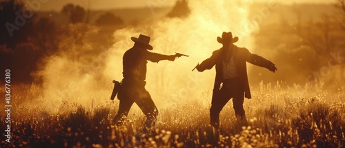 Old west duel between two cowboys in a classic showdown scene. photo