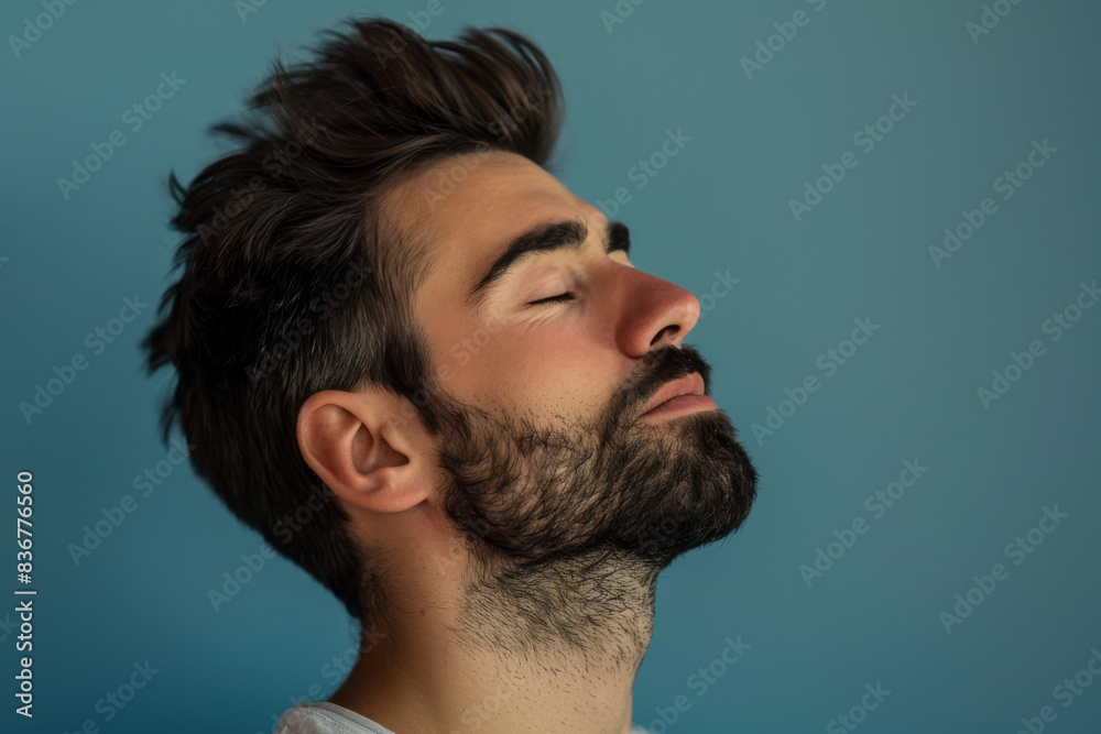 Fototapeta premium A close up of a man with beard and closed eyes looking to a side