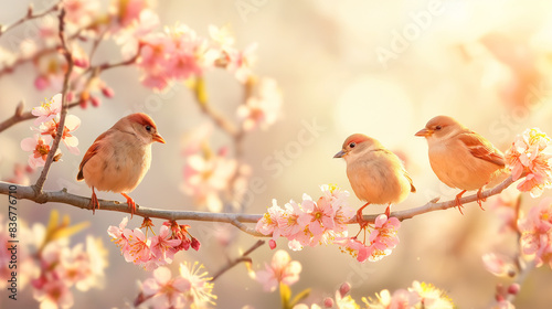 Flock of birds on the branches of a tree with spring flower blossoms and sun light , spring season background