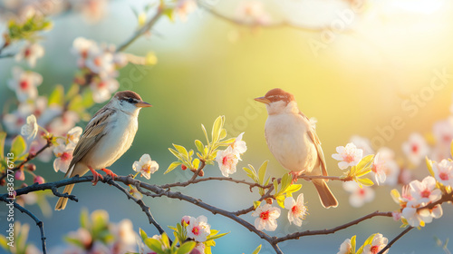 Flock of birds on the branches of a tree with spring flower blossoms and sun light , spring season background