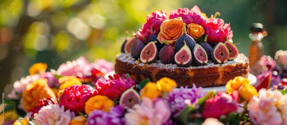In a garden filled with colorful blooms, a birthday cake embellished with fresh figs is displayed on a table. The contrast between the deep hues of the figs and the bright colors of the flowers In a garden filled with colorful blooms, a birthday cake embellished with fresh figs is displayed on a table. The contrast between the deep hues of the figs and the bright colors of the flowers