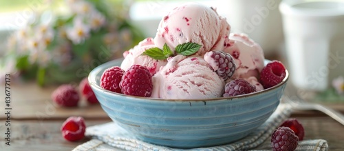 A blue bowl is filled with creamy berry ice cream topped with fresh raspberries displayed on a rustic vintage linen napkin alongside white cups 