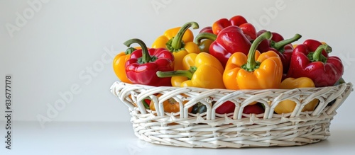 A white basket overflowing with vibrant red and yellow peppers is set against a clean white background The arrangement showcases an abundance of fresh produce ready to be used in cooking 