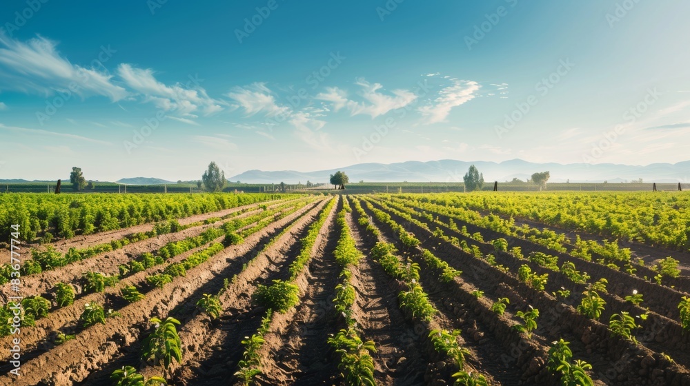 A vast, serene agricultural field under a clear blue sky, with mountains in the background and neat rows of crops. A vast, serene agricultural field under a clear blue sky, with mountains in the background and neat rows of crops.
