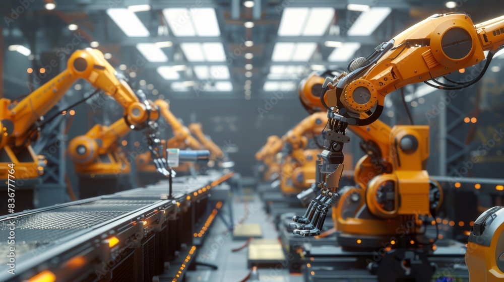 Robotic arms on assembly line in efficient industrial setting, Created with Generative AI.