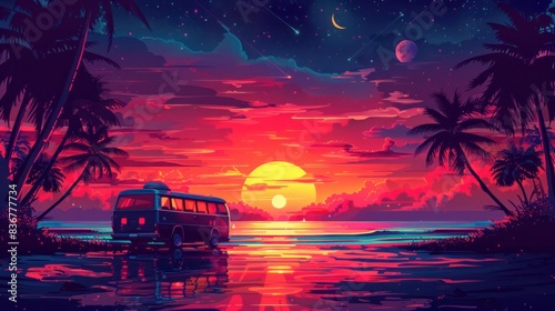 A tropical beach sunset during summer vacation on a surf bus. Cyberpunk style, neon color, sci-fi, futuristic vacation. photo