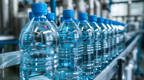 A row of clear plastic water bottles with blue caps moving on an industrial conveyor in a bottling plant.