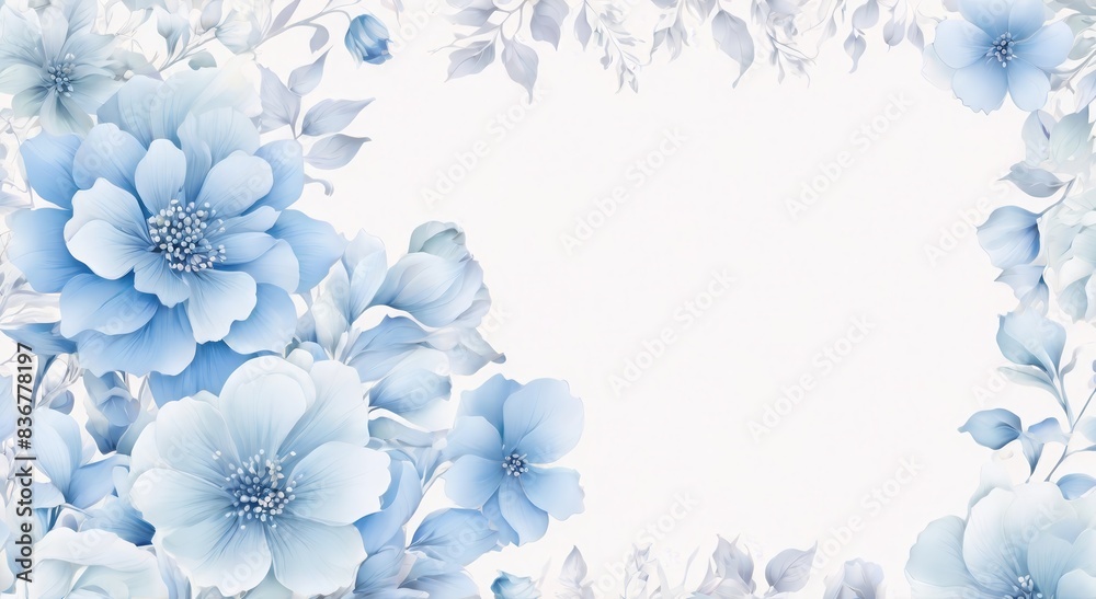 Blank template background with delicate blue flower borders for wedding invitations, card designs, or presentations - Floral card with copy space in pastel blue tones Blank template background with delicate blue flower borders for wedding invitations, card designs, or presentations - Floral card with copy space in pastel blue tones