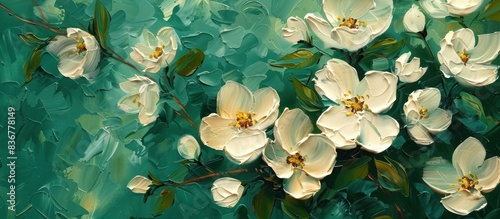 A painting showcasing white flowers blooming against a vibrant green background The flowers stand out sharply creating a visually striking contrast in the artwork 