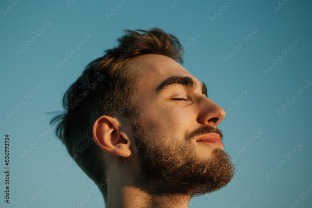 Fototapeta premium A close up of a man with beard and closed eyes looking to a side