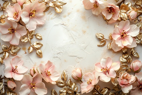 Delicate floral frame of blush pink flowers and gold leaves surrounding the text space. photo