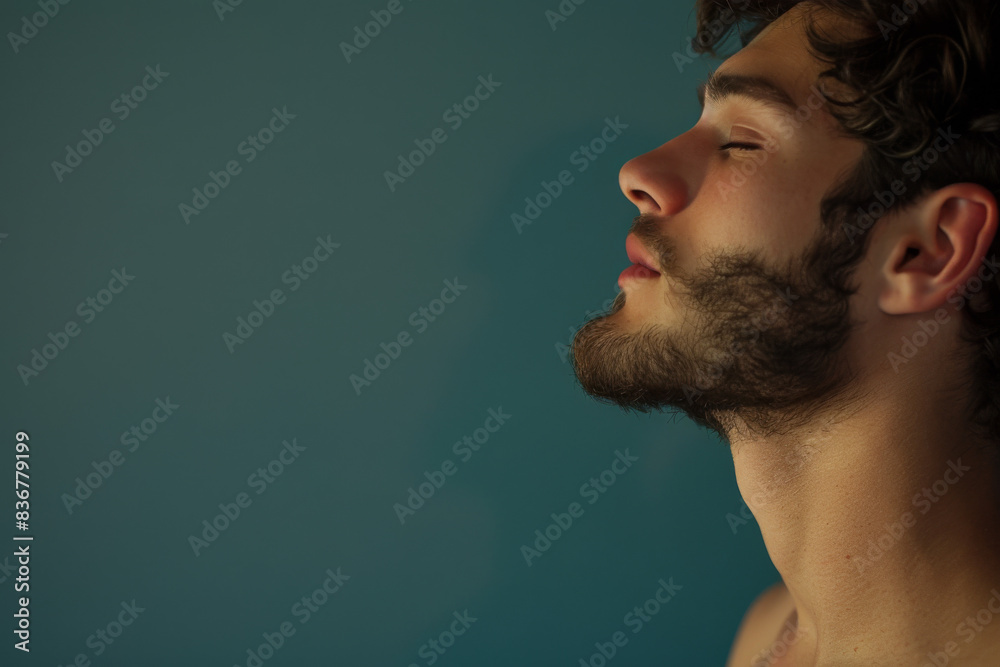 A close up of a man with beard and closed eyes looking to a side A close up of a man with beard and closed eyes looking to a side