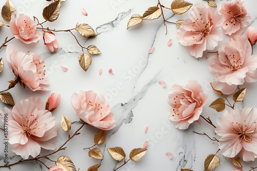 Delicate floral frame of blush pink flowers and gold leaves surrounding the text space. photo