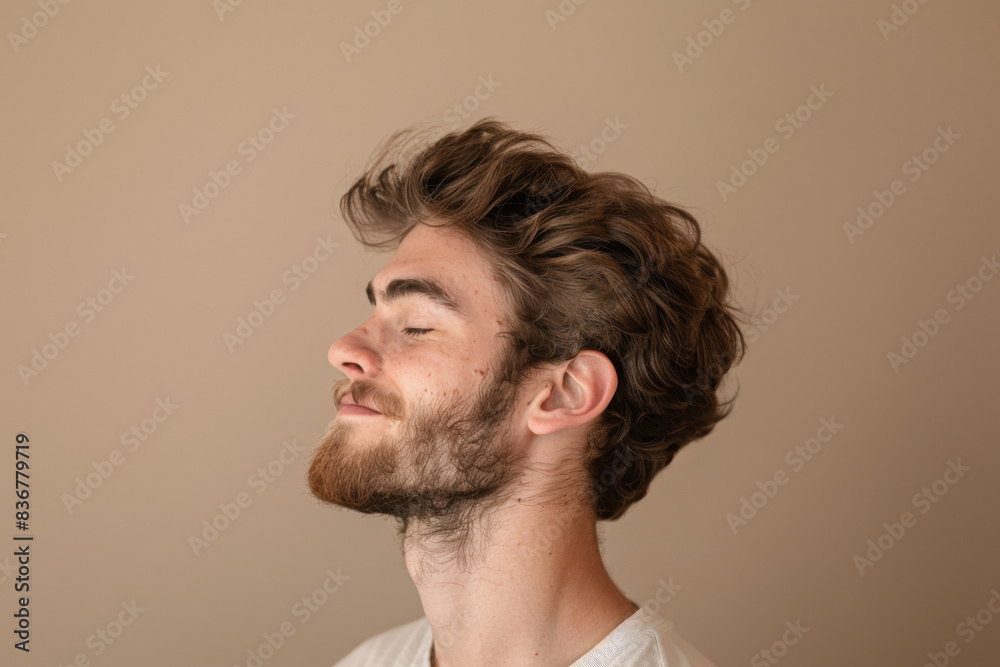 Fototapeta premium A close up of a man with beard and closed eyes looking to a side