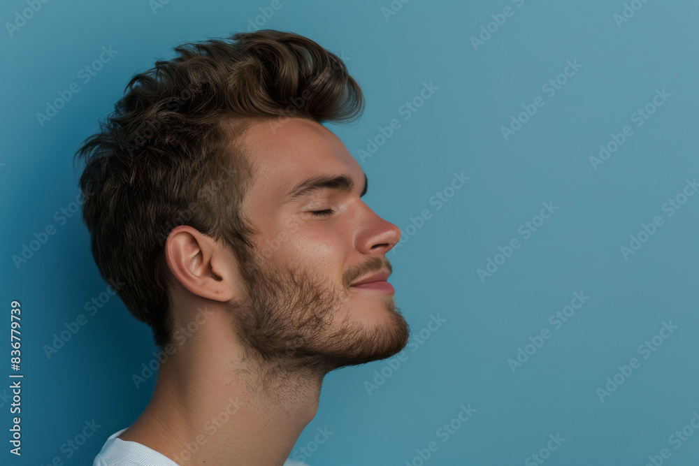 A close up of a man with beard and closed eyes looking to a side A close up of a man with beard and closed eyes looking to a side