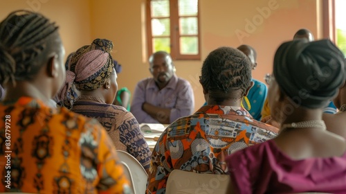 A peacebuilding meeting in a cultural center, with representatives from different communities generated by AI