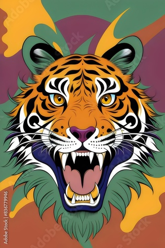 a cartoon fierce  angry  bengal tiger  mascot  t-shirt design    illustration  wild  animal  stripes  roar  claws  teeth  predator  jungle  nature  aggressive  strong  powerful  orange  black