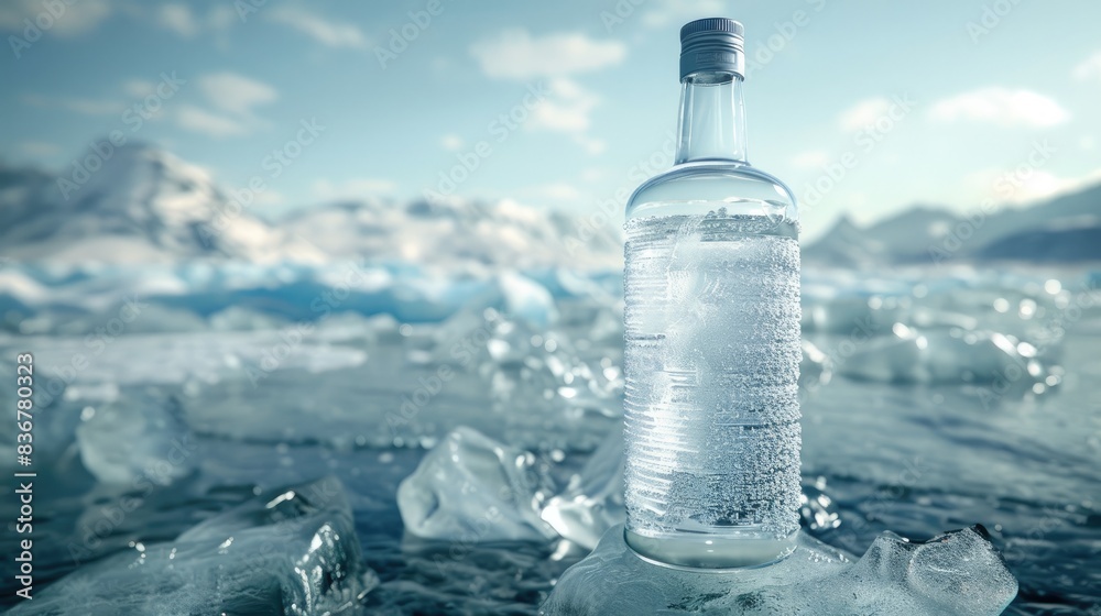 Frosted Vodka Bottle Resting on Ice Glacier, Illuminated by Soft Cold Light Against Clear Skies
Frosted Vodka Bottle Resting on Ice Glacier, Illuminated by Soft Cold Light Against Clear Skies