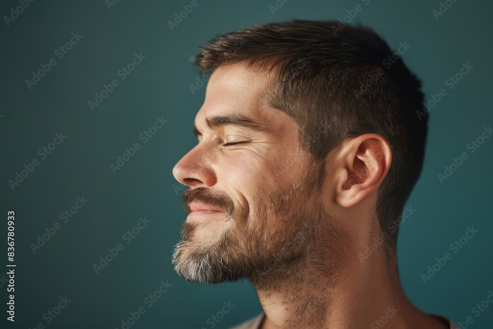 A close up of a man with beard and closed eyes looking to a side A close up of a man with beard and closed eyes looking to a side