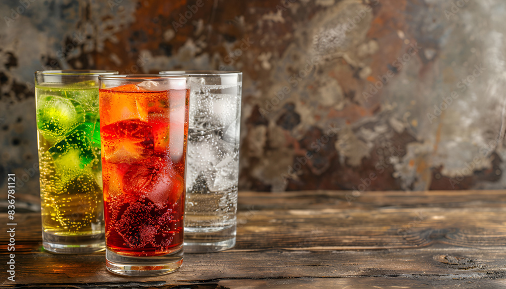 Glasses of different refreshing soda water with ice cubes on wooden table, space for text Glasses of different refreshing soda water with ice cubes on wooden table, space for text