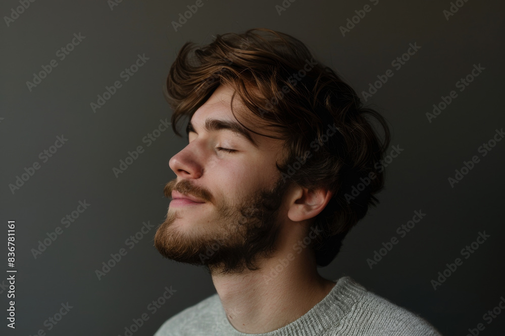 A close up of a man with beard and closed eyes looking to a side A close up of a man with beard and closed eyes looking to a side
