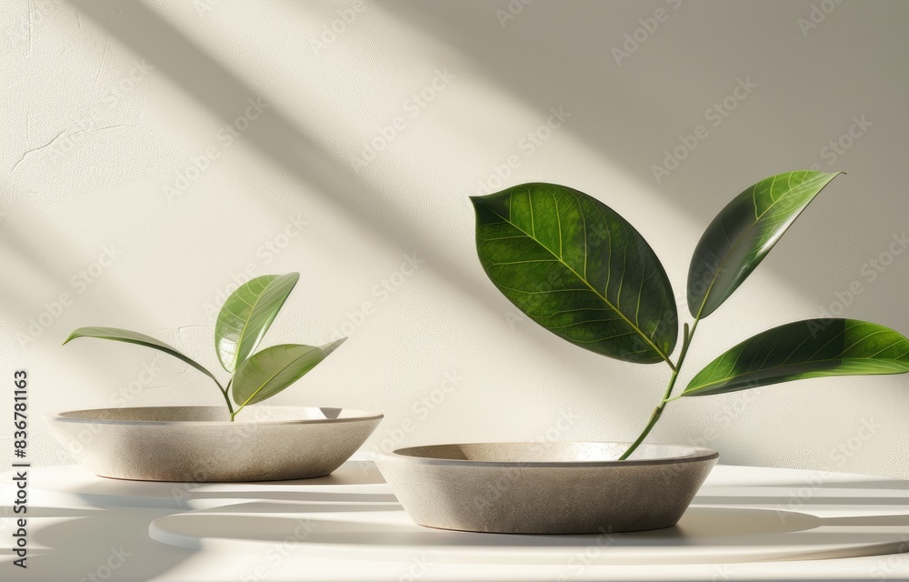Minimalist Green Leaves in Ceramic Bowls Minimalist Green Leaves in Ceramic Bowls