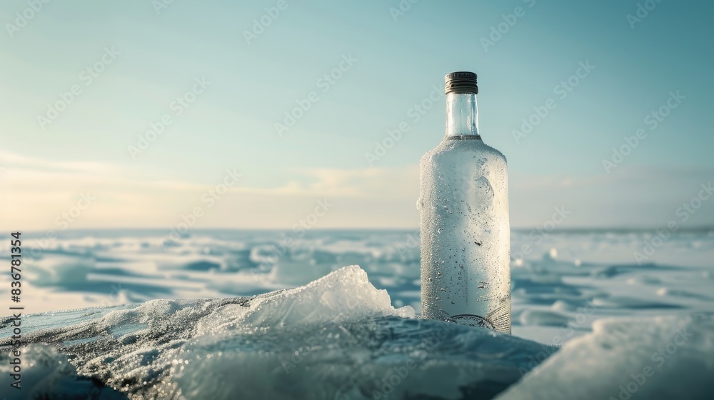 Frosted Vodka Bottle Resting on Ice Glacier, Illuminated by Soft Cold Light Against Clear Skies
Frosted Vodka Bottle Resting on Ice Glacier, Illuminated by Soft Cold Light Against Clear Skies