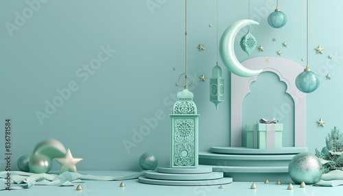 Minimalist Ramadan background with crescent moon and lanterns