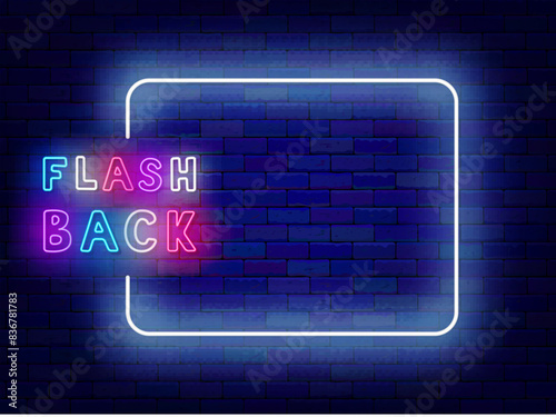Flash back neon invitation. Vintage retro party design. Dance show. Greeting card. Empty white frame and colorful typography. Event banner. Glowing flyer. Editable stroke. Vector stock illustration