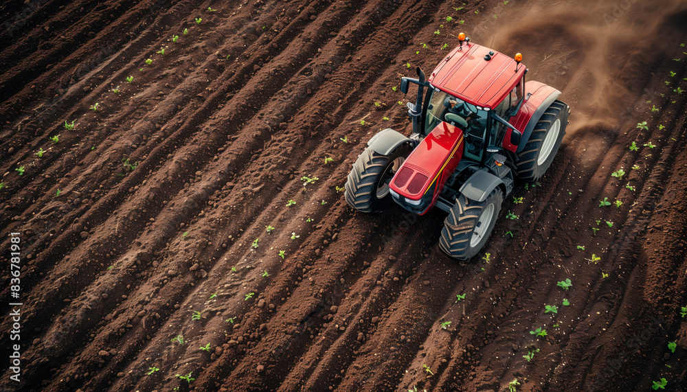 Aerial view of a red tractor working in the field