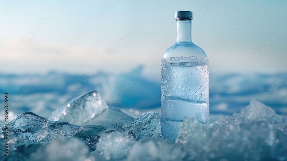 Frosted Vodka Bottle Resting on Ice Glacier, Illuminated by Soft Cold Light Against Clear Skies
Frosted Vodka Bottle Resting on Ice Glacier, Illuminated by Soft Cold Light Against Clear Skies